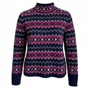 Vtg LizSport Fair Isle Sweater Pink Black Wool Blen Size M Après Ski Cottagecore